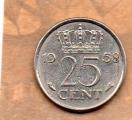 PIECE DE 25 CENTS PAYS BAS 1958 