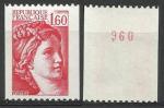 France Sabine 1981; Y&T n 2158 **; 1,60F rouge, roulette n 960 au verso
