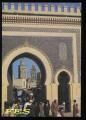 CPM Maroc FES Bab Bou Jeloub sous l'arche le Minaret de la Madersa bou Inania