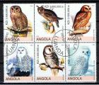 Angola / 2000 / Bloc 6 timbres oblitrs / Hiboux, chouettes, harfang ...