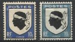 France 1946; Y&T n 755 & 788a; 2x10c Armoirie Corse; l'outremer et le bleu-gris