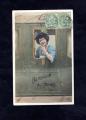 Carte postale CPA fantaisie : Femme dans train , 1907